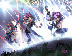 Size: 800x618 | Tagged: dead source, safe, artist:phn, apple bloom, scootaloo, sweetie belle, human, g4, crowd, cutie mark crusaders, electric guitar, female, glam metal, guitar, humanized, keytar, laser, musical instrument, rock (music), rock concert, stage