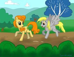 Size: 850x657 | Tagged: safe, artist:netraptor, carrot top, derpy hooves, golden harvest, earth pony, pegasus, pony, g4, cute, cutie top, female, happy, mare