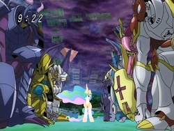Size: 640x480 | Tagged: artist needed, safe, princess celestia, alicorn, pony, g4, bowing, digimon, digimon savers, ethereal mane, female, mare, royal knights