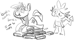 Size: 1231x667 | Tagged: safe, artist:php27, spike, twilight sparkle, dragon, pony, unicorn, g4, book, female, grayscale, male, mare, monochrome, pile, simple background, sketch, that pony sure does love books