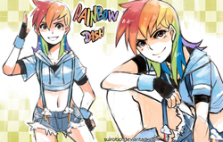 Size: 1766x1125 | Tagged: dead source, safe, artist:suikuzu, rainbow dash, human, g4, belly button, cleavage, clothes, cutie mark on clothes, daisy dukes, female, fingerless gloves, gloves, hoodie, humanized, light skin, midriff, smiling, solo, suspenders, url