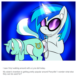 Size: 780x782 | Tagged: safe, artist:lamia, dj pon-3, lyra heartstrings, vinyl scratch, pony, unicorn, ask skyra and bons away, g4, abstract background, cd, earbuds, female, lyra plushie, mare, plothole plush lyra