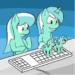 Size: 646x646 | Tagged: safe, artist:lamia, lyra heartstrings, skyra, earth pony, pegasus, pony, unicorn, ask skyra and bons away, g4, :t, adoracreepy, animated, blue background, chibi, confused, creepy, cute, cutie mark, female, frown, gif, gradient background, grin, keyboard, lyra plushie, mare, micro, plothole plush lyra, recolor, simple background, smiling, squee, tumblr, typing, wat, wide eyes, wings, worried