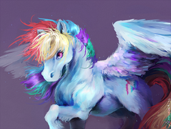 Size: 900x675 | Tagged: safe, artist:jazzycat, rainbow dash, horse, pegasus, pony, cute, female, fluffy, mare, raised hoof, realistic, shaggy, simple background, smiling, solo, spread wings, winter coat