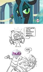 Size: 764x1275 | Tagged: safe, edit, edited screencap, screencap, queen chrysalis, changeling, changeling queen, a canterlot wedding, g4, abuse, breasts, comic, female, glasses, male, meta, nope, the hub