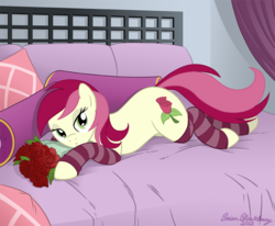 Size: 809x666 | Tagged: safe, artist:brianblackberry, roseluck, earth pony, pony, g4, bed, bouquet, clothes, female, flower, mare, prone, rose, socks, solo, striped socks