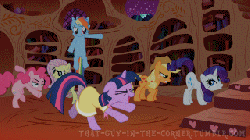 Size: 320x180 | Tagged: safe, artist:that guy in the corner, applejack, fluttershy, lyra heartstrings, pinkie pie, rainbow dash, rarity, twilight sparkle, earth pony, pegasus, pony, unicorn, g4, animated, artifact, birthday dress, cutie mark, dancing, dancity, do the sparkle, female, floppy ears, flutterbitch, gif, gif for breezies, golden oaks library, irrational exuberance, mane six, mare, party hard, picture for breezies, ponygroove, tumblr, unicorn twilight