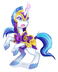 Size: 600x747 | Tagged: safe, artist:theuselesstoe, shining armor, pony, unicorn, g4, armor, female, gleaming shield, guardsmare, mare, rearing, royal guard, rule 63, simple background, solo, tail wrap
