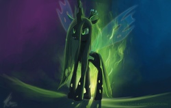 Size: 1600x1008 | Tagged: safe, artist:grissaecrim, queen chrysalis, changeling, changeling queen, g4, backlighting, crown, female, fire, glowing, glowing eyes, green fire, jewelry, mare, regalia, solo, transparent wings, wings
