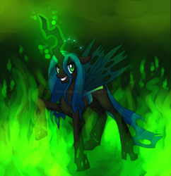 Size: 619x640 | Tagged: safe, artist:itami-salami, queen chrysalis, changeling, changeling queen, g4, crown, female, fire, glowing, glowing horn, green fire, horn, jewelry, mare, raised hoof, regalia, solo, watermark