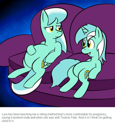 Size: 624x679 | Tagged: safe, artist:lamia, lyra heartstrings, skyra, pegasus, pony, unicorn, ask skyra and bons away, g4, belly, couch, duo, duo female, female, hoof on belly, mare, meme, pregnant, sitting, sitting lyra