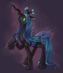 Size: 865x1000 | Tagged: safe, artist:zanthu, queen chrysalis, changeling, changeling queen, g4, crown, female, gradient background, jewelry, raised hoof, regalia, solo, transparent wings, wings