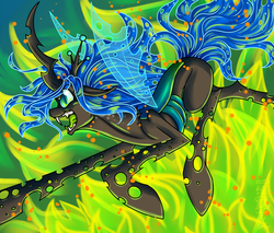 Size: 1000x850 | Tagged: safe, artist:rozga, queen chrysalis, changeling, changeling queen, g4, crown, female, fire, jewelry, open mouth, profile, regalia, solo