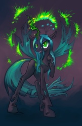 Size: 792x1224 | Tagged: safe, artist:halley-valentine, queen chrysalis, changeling, changeling queen, g4, crown, female, glowing, glowing horn, horn, jewelry, raised hoof, regalia, solo