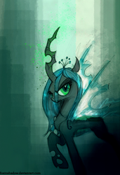 Size: 616x900 | Tagged: safe, artist:foxinshadow, queen chrysalis, changeling, changeling queen, g4, abstract background, concave belly, crown, female, grin, jewelry, raised hoof, regalia, slender, smiling, solo, thin
