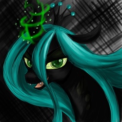 Size: 1000x1000 | Tagged: safe, artist:valkyrie-girl, queen chrysalis, changeling, changeling queen, g4, bust, crown, female, glowing, glowing horn, horn, jewelry, looking at you, magic, portrait, regalia, solo