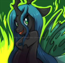 Size: 821x795 | Tagged: safe, artist:itami-salami, queen chrysalis, changeling, changeling queen, g4, beautiful, bust, evil grin, female, fire, green fire, grin, hoof under chin, looking at you, smiling, solo, watermark