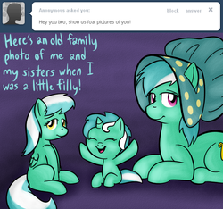 Size: 640x600 | Tagged: dead source, safe, artist:lamia, lyra heartstrings, silver strings, skyra, pegasus, pony, unicorn, ask skyra and bons away, g4, cute, family photo, female, filly, filly lyra, filly skyra, lyrabetes, skyrabetes, the lyra family, younger