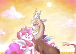 Size: 800x569 | Tagged: safe, artist:kelsea-chan, discord, princess celestia, alicorn, draconequus, pony, g4, female, flower, flower in mouth, interspecies, male, mare, mouth hold, pink-mane celestia, ship:dislestia, shipping, sitting, straight, sun, young, young celestia, young discord, younger