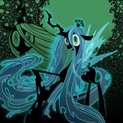 Size: 800x800 | Tagged: safe, artist:sukaponta, queen chrysalis, changeling, changeling queen, g4, abstract background, crown, female, jewelry, looking at you, open mouth, open smile, pixiv, regalia, silhouette, smiling, solo
