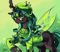 Size: 1000x867 | Tagged: safe, artist:soukitsubasa, queen chrysalis, changeling, changeling queen, g4, beatnik, beret, clothes, crown, female, glasses, jewelry, regalia, solo, sweater