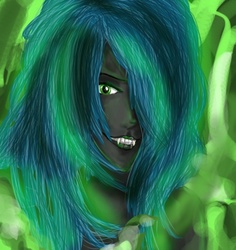 Size: 562x596 | Tagged: dead source, safe, artist:ghiblifreek, queen chrysalis, changeling, changeling queen, human, g4, bust, fangs, female, hair over one eye, humanized, looking at you, pony coloring, portrait, solo