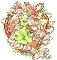 Size: 800x840 | Tagged: safe, artist:raspbearyart, granny smith, earth pony, pony, g4, colored pupils, cottagecore, female, filly, hat, looking back, simple background, sitting, solo, transparent background, young granny smith