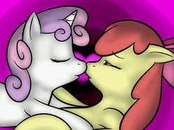 Size: 763x570 | Tagged: safe, artist:lamia, apple bloom, sweetie belle, earth pony, pony, unicorn, g4, abstract background, female, filly, filly on filly, imminent kissing, lesbian, nuzzling, ship:sweetiebloom, shipping