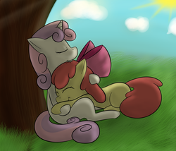 Size: 1750x1500 | Tagged: safe, artist:lamia, apple bloom, sweetie belle, earth pony, pony, unicorn, g4, eyes closed, female, filly, hug, lesbian, ship:sweetiebloom, shipping, toy ship, tree