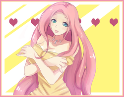 Size: 700x548 | Tagged: safe, artist:songoftheshoebox, fluttershy, human, g4, abstract background, adorasexy, anime, blushing, breasts, busty fluttershy, clothes, cute, female, humanized, sexy, shyabetes, simple background, solo, stupid sexy fluttershy