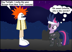 Size: 550x400 | Tagged: safe, artist:homfrog, princess celestia, twilight sparkle, pony, unicorn, g4, bandage, escape from new york, female, future twilight, halloween, homestar runner, konami, mare, metal gear, nightmare night, snake plissken, yahoo serious, young einstein