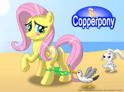 Size: 1280x950 | Tagged: safe, artist:aleximusprime, angel bunny, fluttershy, bird, pegasus, pony, rabbit, seagull, g4, angry, animal, assisted exposure, beach, bikini, blushing, butt, clothes, coppertone parody, female, flutterbutt, looking back, male, mare, oops, plot, raised hoof, side-tie bikini, swimsuit, tan lines, undressing