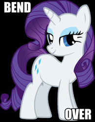 Size: 744x960 | Tagged: safe, rarity, pony, unicorn, g4, bedroom eyes, bend over, female, image macro, looking at you, mare, meme, simple background, solo