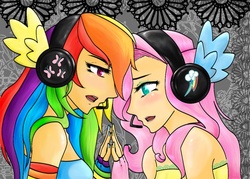 Size: 1134x814 | Tagged: safe, artist:ketsuzoku, fluttershy, rainbow dash, human, g4, clothes, cute, duo, female, fingerless gloves, gloves, headphones, humanized, lesbian, magnet (vocaloid), ship:flutterdash, shipping, singing, song reference, vocaloid