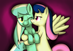 Size: 1141x805 | Tagged: safe, artist:lamia, bons away, skyra, pegasus, pony, ask skyra and bons away, g4, female, folded wings, hug, hugging a pony, kissing, lesbian, magenta background, mare, on back, on side, one eye closed, shipping, simple background, skyraway, smiling, wings