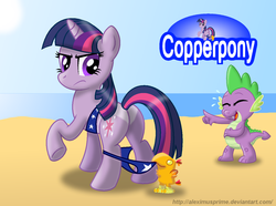 Size: 1280x950 | Tagged: safe, artist:aleximusprime, peewee, spike, twilight sparkle, dragon, pony, unicorn, g4, assisted exposure, beach, bikini, butt, clothes, coppertone parody, female, laughing, male, mare, plot, pointing, raised hoof, swimsuit, tan lines, teasing, twibutt, undressing, unicorn twilight