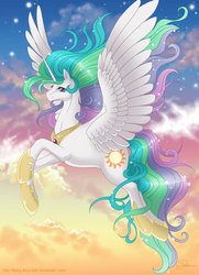 Size: 900x1240 | Tagged: dead source, safe, artist:baby-blue-bell, princess celestia, alicorn, pony, g4, female, flying, mare, sky, solo