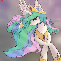 Size: 2000x2000 | Tagged: safe, artist:bloodkiaser923, princess celestia, alicorn, pony, female, high res, looking at you, mare, princess, prone, solo