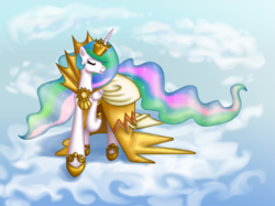 Size: 1200x898 | Tagged: safe, artist:whiteeyedcat, princess celestia, alicorn, pony, g4, clothes, cloud, cloudy, crown, dress, eyes closed, female, gala dress, gem, hooves, horn, jewelry, mare, on a cloud, raised hoof, regalia, solo, standing on a cloud, wings