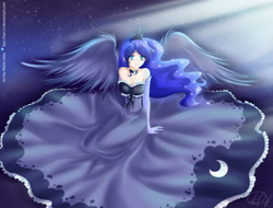 Size: 2806x2137 | Tagged: safe, artist:kyo-chan12, princess luna, human, g4, clothes, crepuscular rays, dress, evening gloves, female, humanized, skinny, solo, thin, winged humanization