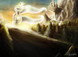 Size: 1680x1232 | Tagged: safe, artist:huussii, princess celestia, alicorn, pony, g4, backlighting, canterlot, female, forest, mare, praise the sun, scenery, solo, waterfall