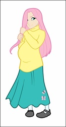 Size: 523x1000 | Tagged: safe, artist:olympic-dames, fluttershy, human, g4, clothes, female, hair pulling, humanized, long skirt, preggoshy, pregnant, shoes, simple background, skirt, solo, sweater, sweatershy, white background