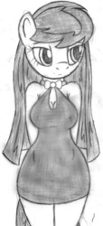 Size: 364x800 | Tagged: safe, artist:tg-0, octavia melody, earth pony, anthro, g4, black dress, clothes, dress, female, grayscale, little black dress, mare, monochrome, simple background, solo