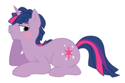 Size: 3061x2035 | Tagged: dead source, safe, artist:wicklesmack, twilight sparkle, pony, unicorn, g4, bedroom eyes, blushing, dusk shine, high res, male, prone, rule 63, simple background, solo, stallion, transparent background, unicorn dusk shine