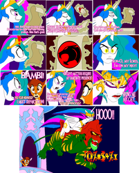 Size: 1280x1593 | Tagged: safe, artist:terry, princess celestia, alicorn, pony, g4, bambi, battlecat, bleach (manga), comic, crossover, dialogue, disney, female, he-man, letter, levitation, magic, mare, telekinesis, thundercats, wat