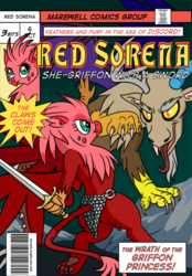 Size: 640x920 | Tagged: safe, artist:sorcerushorserus, discord, oc, oc:red sorena, draconequus, griffon, comic:dash academy, g4, chainmail bikini, comic, comic cover, female, loincloth, male, red sonja, sword, weapon