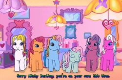 Size: 710x467 | Tagged: safe, edit, edited screencap, screencap, cotton candy (g3), minty, rainbow dash (g3), sparkleworks, sunny daze (g3), sweetberry, earth pony, pony, a charming birthday, g3, female, image macro, mare, meme