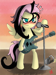 Size: 900x1188 | Tagged: dead source, safe, artist:gatodelfuturo, fluttershy, pegasus, pony, g4, alternate hairstyle, bipedal, blushing, drunk, drunkershy, electric guitar, emoshy, female, guitar, mare, microphone, musical instrument, solo, stage