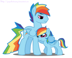 Size: 1601x1299 | Tagged: dead source, safe, artist:jaquelindreamz, rainbow dash, oc, oc:aurora spectralis, pegasus, pony, g4, father and daughter, female, filly, male, offspring, parent:rainbow blitz, parent:rainbow dash, parents:dashblitz, parents:selfcest, product of selfcest, rainbow blitz, rule 63, selfcest, stallion