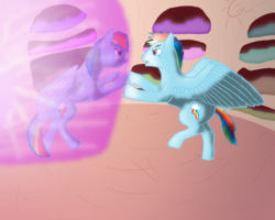 Size: 1280x1024 | Tagged: safe, artist:serinity52, rainbow dash, pegasus, pony, fanfic:on a cross and arrow, g4, eye contact, fanfic, fanfic art, female, looking at each other, male, mare, rainbow blitz, rule 63, self ponidox, stallion
